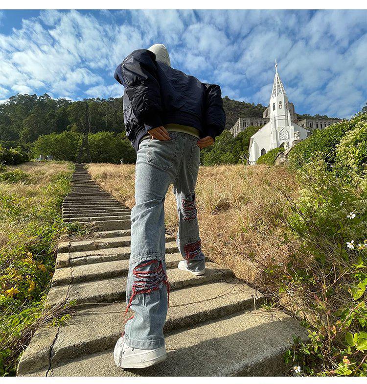 Hip-Hop Ripped Embroidered Jeans - Loose Fit, Trendy Niche Design