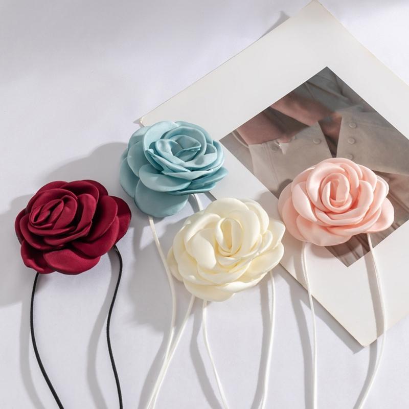 Fabric Flower Tie Choker Necklace Long Rope Lock Collarbone Chain Fashion Neck Decoration Fabric Floral Tie-Up Choker