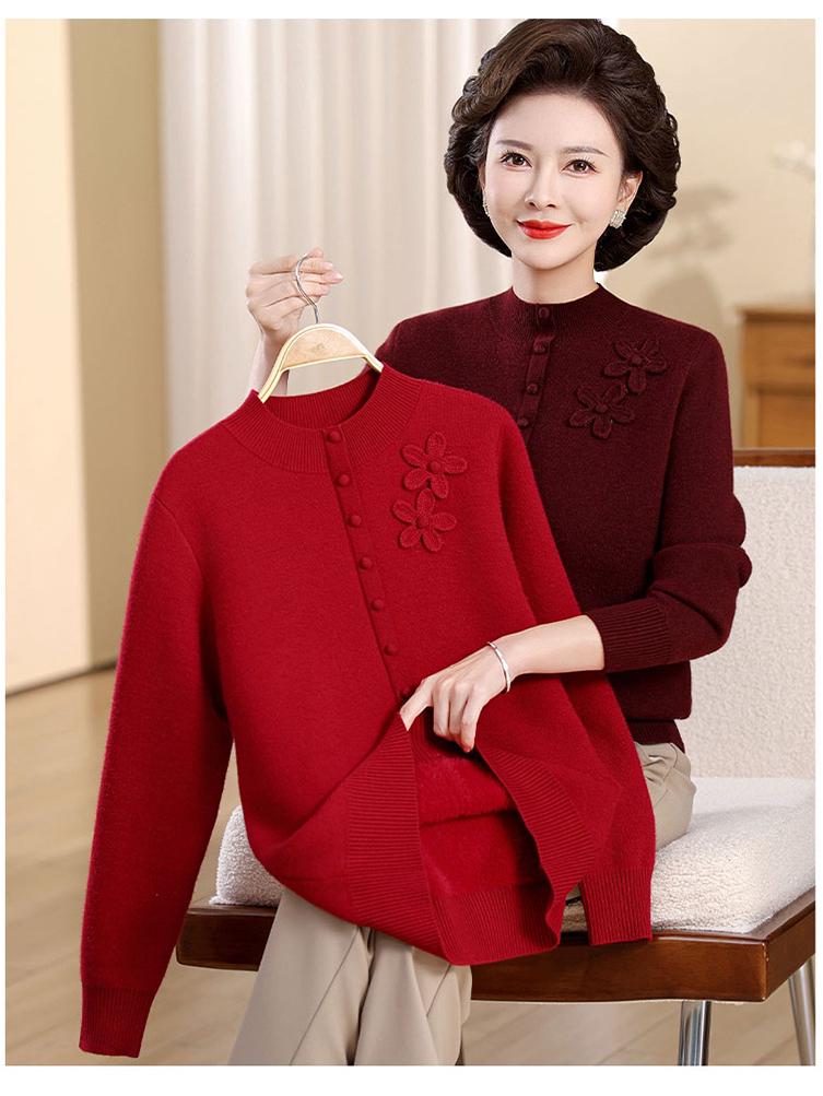 Stylish Fleece-Lined Winter Sweater for Middle-Aged and Elderly Women - Half-High Collar Base Layer