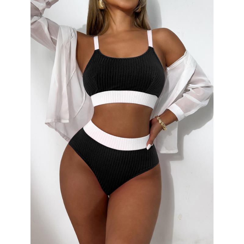 New Solid Color Suspender Split High Waist Triangle Women's Sexy Hot Spring Bikini Swimsuit