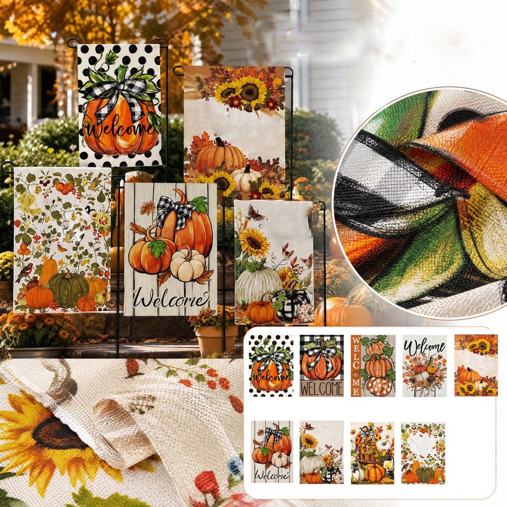 Double-Sided Linen Garden Flag with Fall Thanksgiving Halloween Pumpkin Design for Outdoor Yard Decor