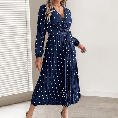 Yousheng Women's Long Sleeve Dress V-Neck Polka Dot Dress with Tie Waist Long Pleated Dress for Office Parties Date