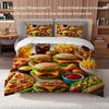 3-częściowy komplet pościeli z nadrukiem wzoru fast food z hamburgerem i kurczakiem smażonym, zawierający poszewkę na kołdrę i dwie poszewki na poduszki
