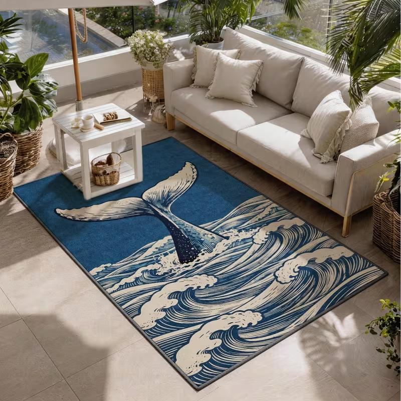 Blue Whale Tail Wave Print Area Rug Soft Non-Slip Ocean Themed Floor Mat Nautical Marine Life Carpet for Living Room Bedroom