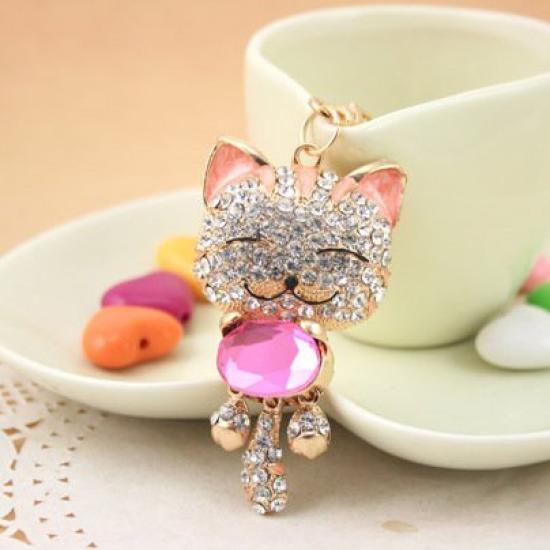 [BERUKO] Soothing, Smiling, Cute Cat, Happy Kitty, Sparkling Stone Keychain (Pink)