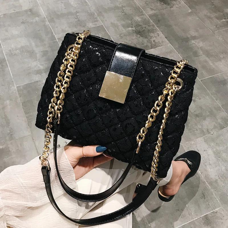 Standard diamond chain shoulder bag for women black lace bag PU leather ladies bags