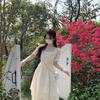 Summer New Design Short-sleeved Dress Women's French Niche Waist Coffee Break Long Dress Sweet Long Skirt
