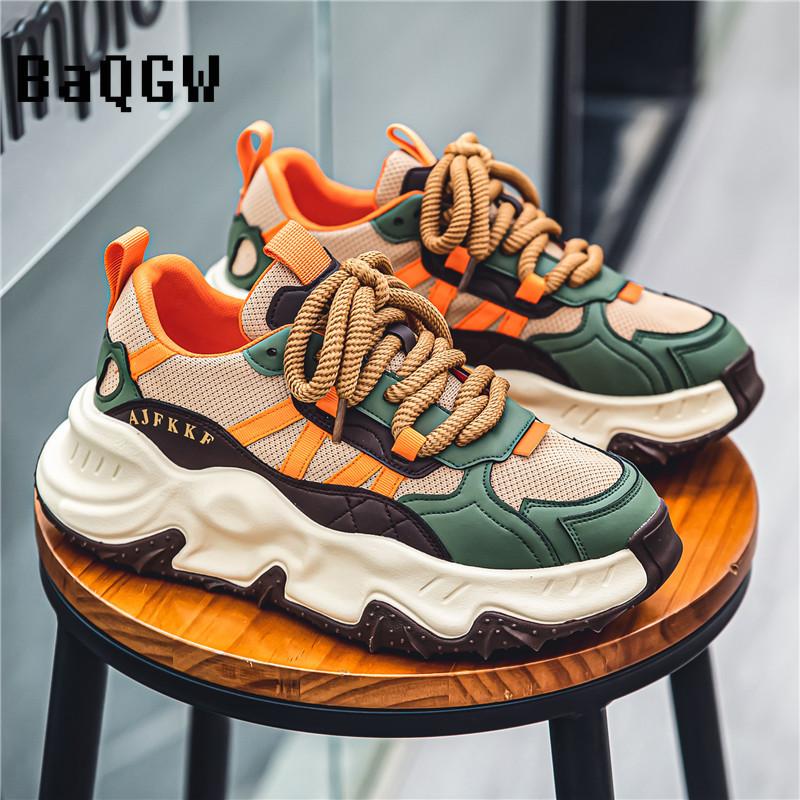 Fashion Chunky Sneakers Men Soft Sole Running Shoes Fashion Casual Leather Color Block Design Breathable Height Increased Platform Shoes