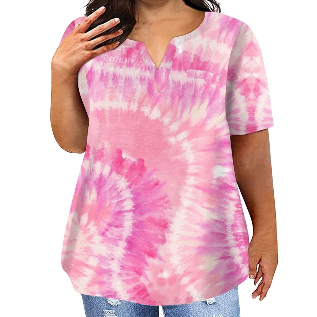 T-shirt décontracté à manches courtes et col en V pour femme, grande taille, imprimé tie-dye, avec poches