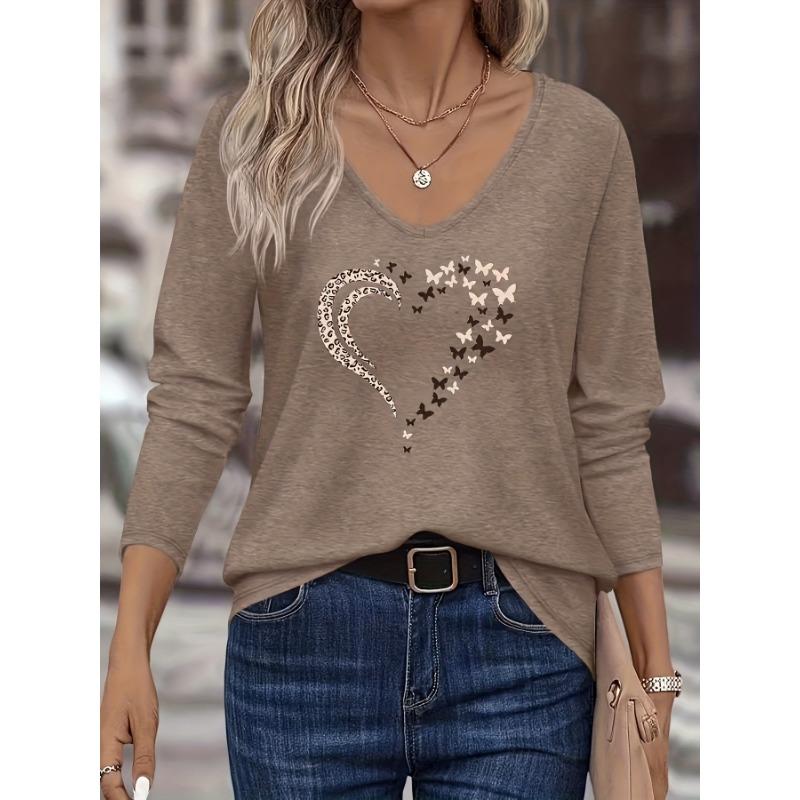 Plus Size, 2025 Spring/Autumn New Positioning Heart Print V-Neck Long Sleeve,