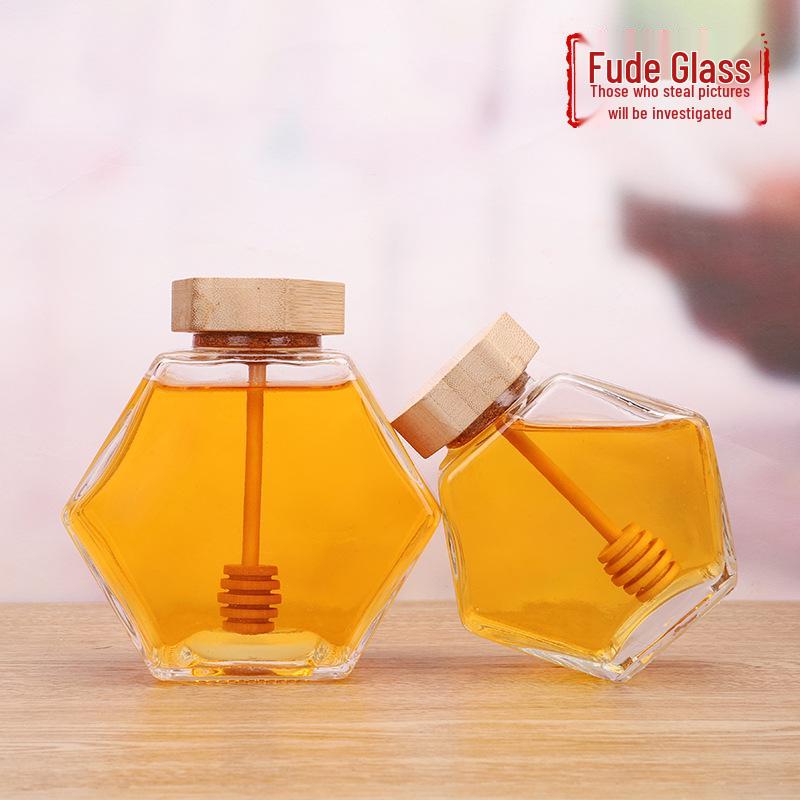 Hexagonal Glass Honey Jar with Wood, Iron, or UV Lid