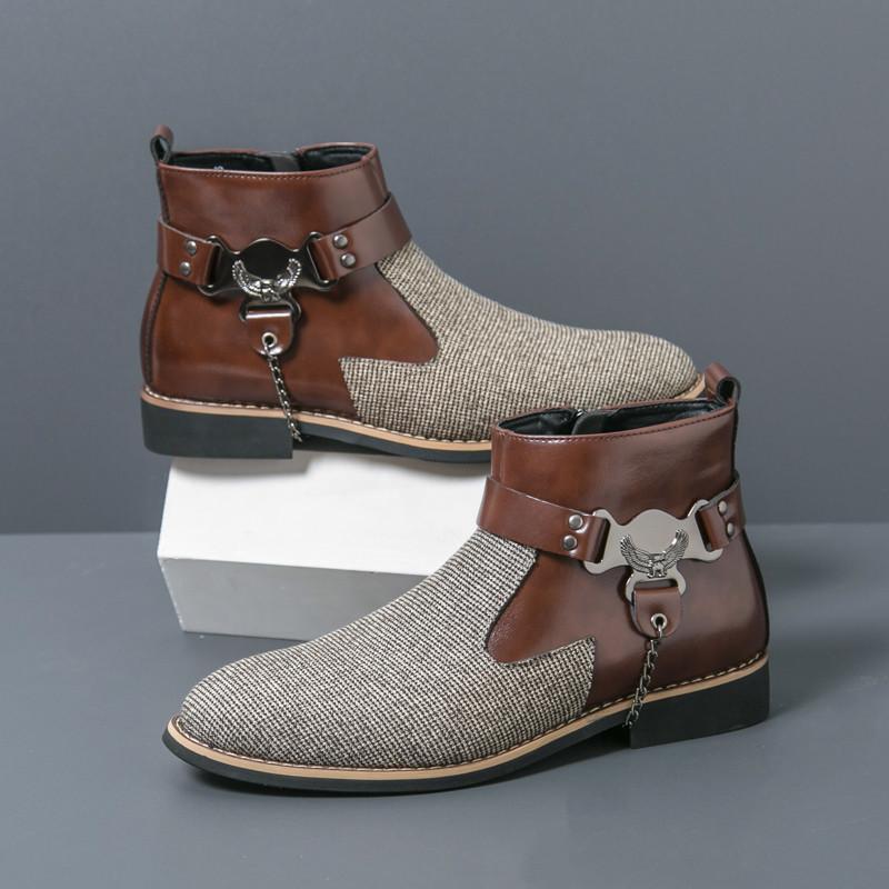 New Arrival Trend Men's Pointed Mixed Patchwork Ankle Boots British Designer Botas Trend Casual Luxury High-top Punk Rock Shoes