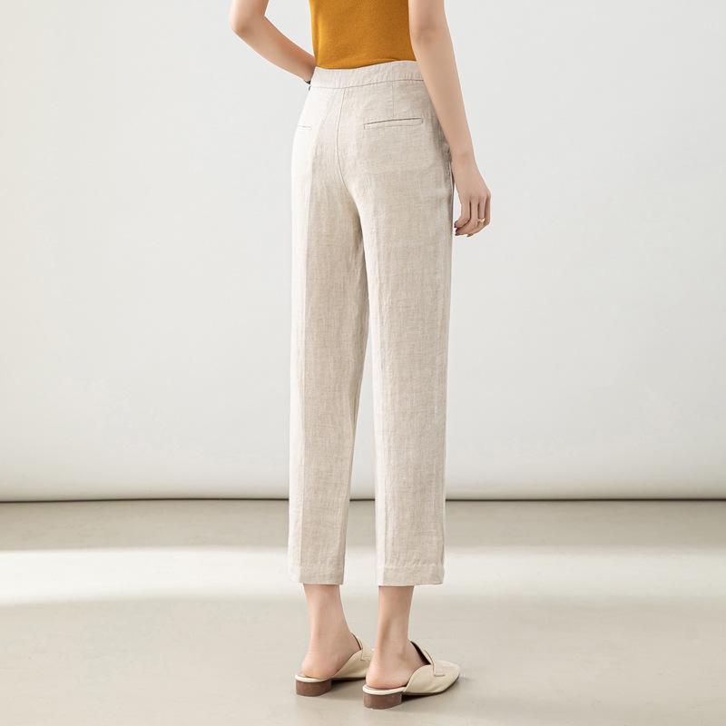 Women's High-Waist Cotton Linen Cigarette Pants - Summer 2025, Petite Eight-Point Casual, Straight Leg