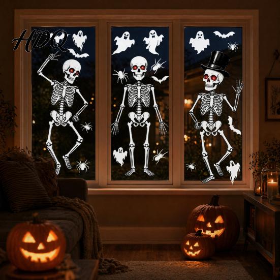 Removable Glass Sticker 3Pcs Halloween Skeleton Stickers Waterproof PVC Window Clings Static Decals Stickers for Home Living Room Bedroom