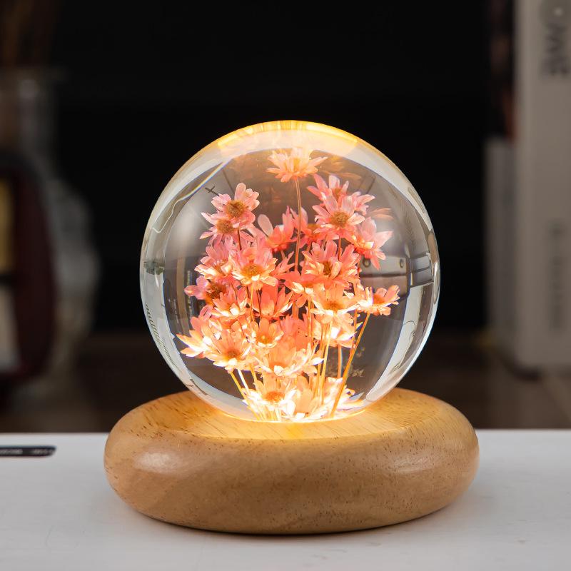 Dandelion Crystal Ball Night Light with Preserved Flower