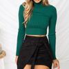 IHUASU Autumn and Winter Half High Neck Solid Colour Long Sleeve Knitted T-Shirt Slim Women's Navel Top