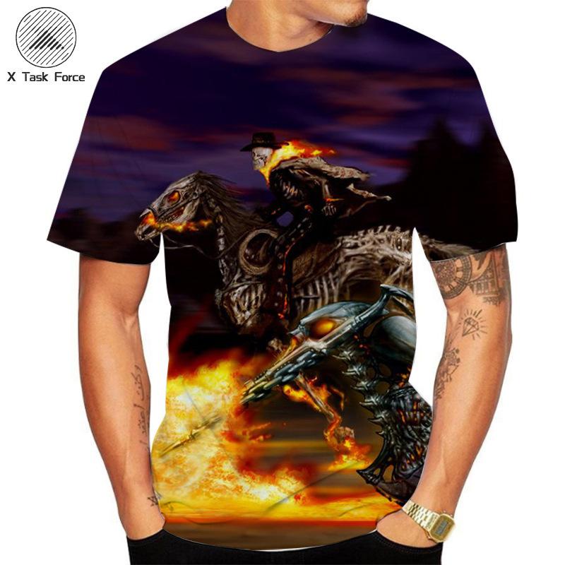 Sommer Rundhals 3D Flammen Totenkopf Print Top Modische Lässige Kurzarm Herren T-Shirts