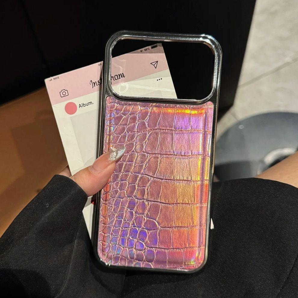 Luxury Aurora Crocodile Pattern Leather Phone Case For iPhone 17 Air 16 15 14 13 12 11 Pro Max Plus Plating Gradient Laser  Shockproof protect Cover