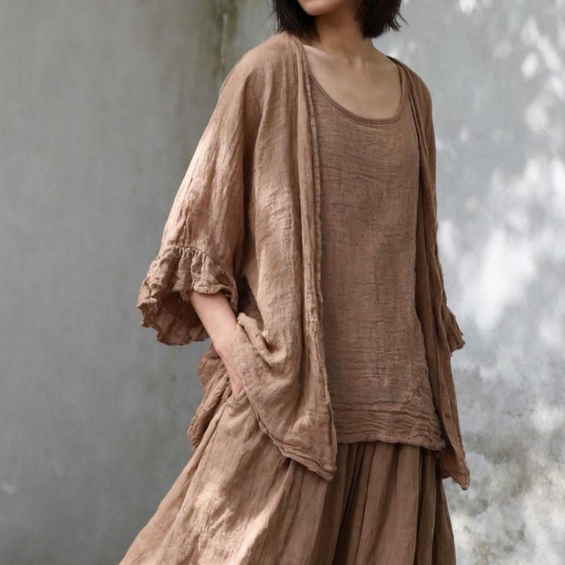 Johnature Women Shirts Summer Chinese Style Solid Color Tops Soft Butterfly Sleeve Female Blouses