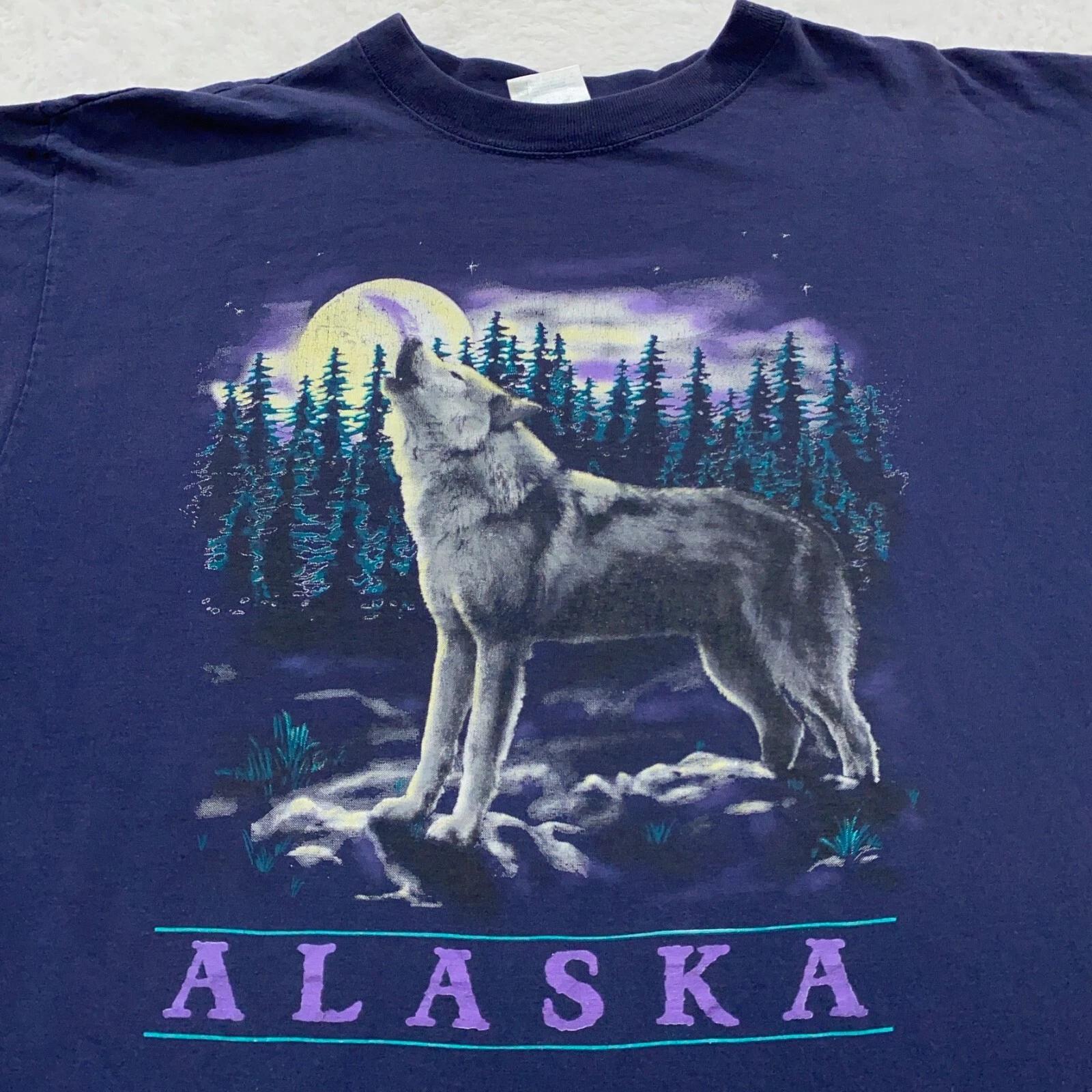 vintage 90s ALASKA HOWLING WOLF MOON T-Shirt LARGE/XL nature animal wild biker S