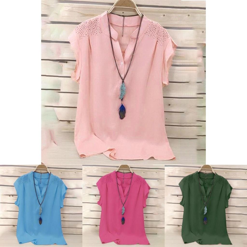 Elegant Womens Summer Button V Neck Short Sleeve T Shirt For Plus Size Ladies