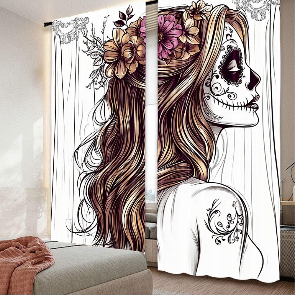 

2 шт. Этническая штора Традиционная девушка с сахарным черепом с цветочным венком День поминовения для гостиной, спальни и столовой 29x65in(75x166cm)