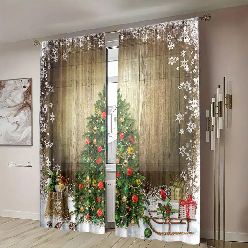 2 Pieces, Christmas Tree Snowflake Wood Curtain -30% Blackout - Suitable for Living Room, Bedroom, Kitchen, Home Decoration