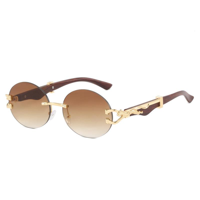 Leopard Round Frameless Trimmed Wooden Foot Sunglasses Sunglasses Sunglasses