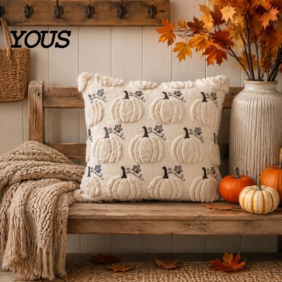 Decorative Throw Pillow Covers Thanksgiving Pumpkin Cushion Cover, Plush Embroidered Autumn Seasonal Home Decor Soft Cozy Case for Farmhouse