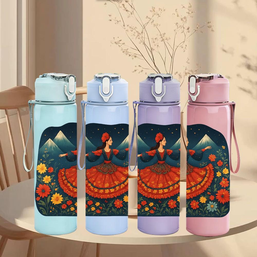 1PC Folk Art Colorful Mask Square 750ml Color Plastic Sports Water Bottle Leakproof Flip Straw Lid Suitable for Sports Office Home Use