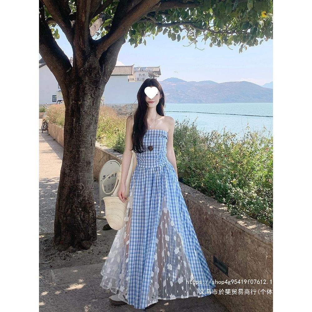 Design Sense Heavy Industry Lace Splicing Plaid Suspender Dress Summer New Skinny Long Dress Female Tide