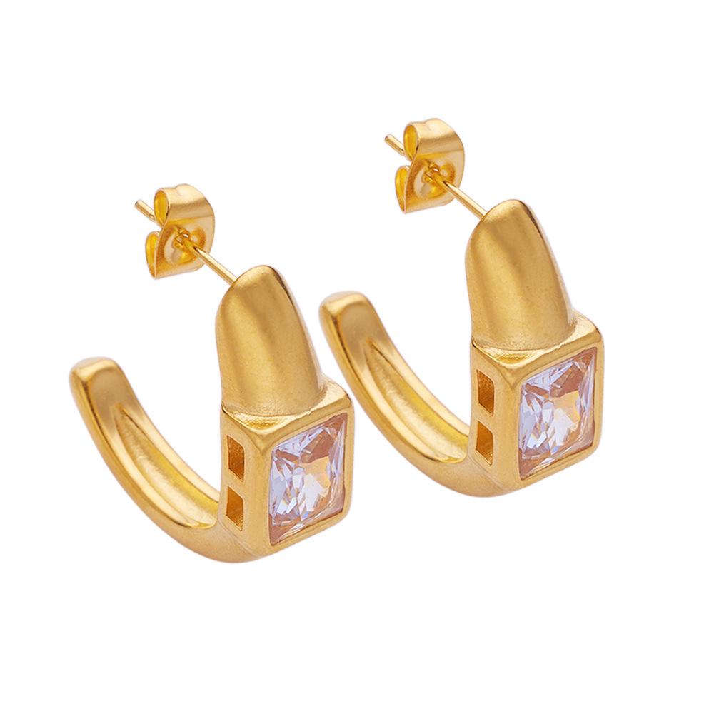 18K Gold Plated White Diamond Hoop & Stud Earrings - French Style Titanium Steel
