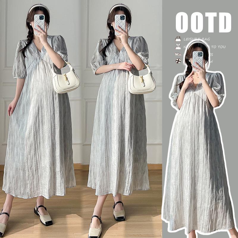 2026 New Grey Pleated Long Maternity Dress M
