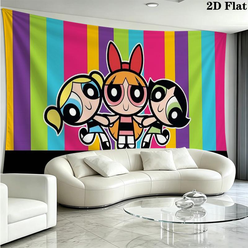 Cartoon Powerpuff Wall Tapestry Aesthetic Wall Hanging Printed Fabric Blanket Decorative Tapestries for Bedroom Living Room Home Decor