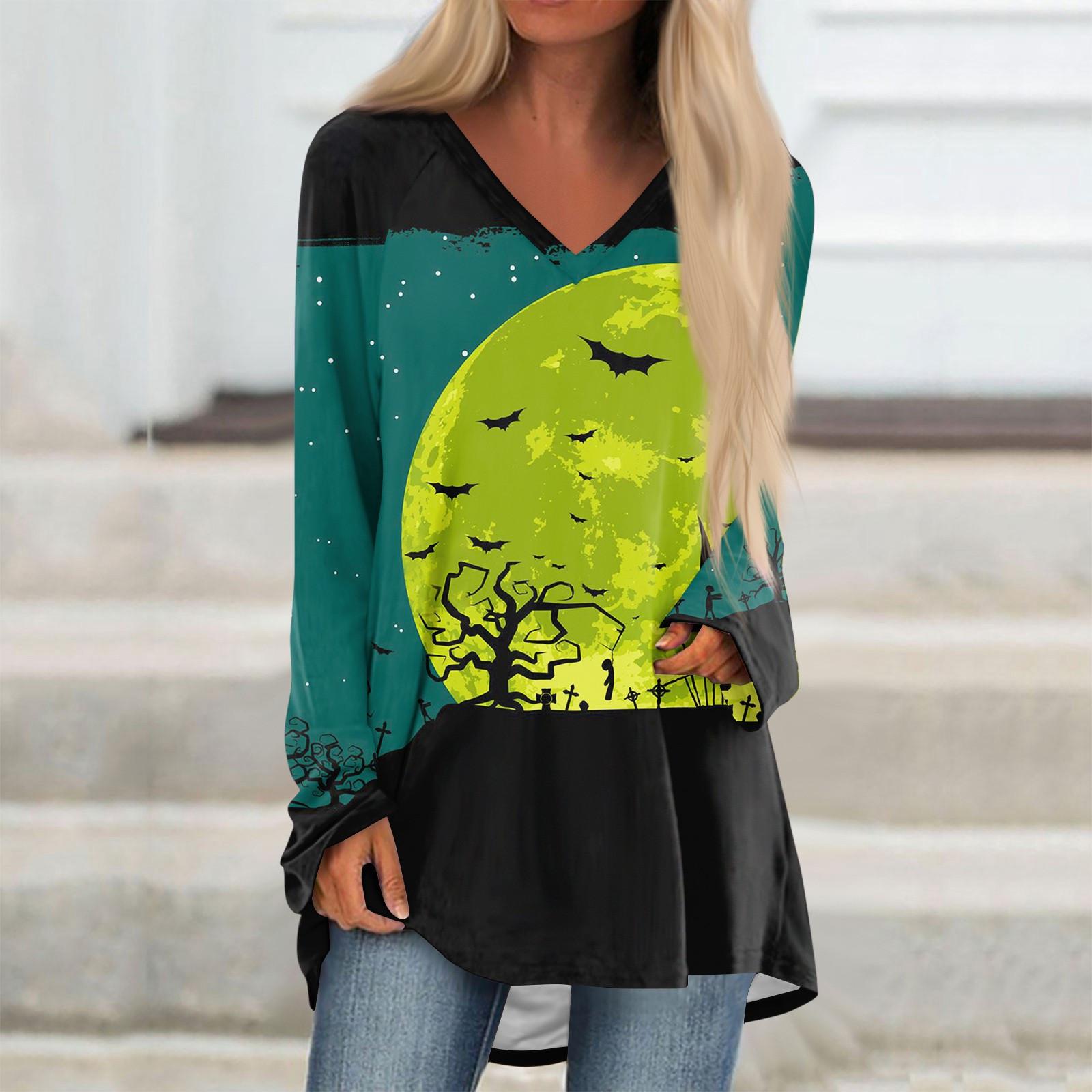 

Женская повседневная футболка с длинными рукавами и V-образным вырезом с принтом Halloweenl, длинная свободная футболка L зелёный