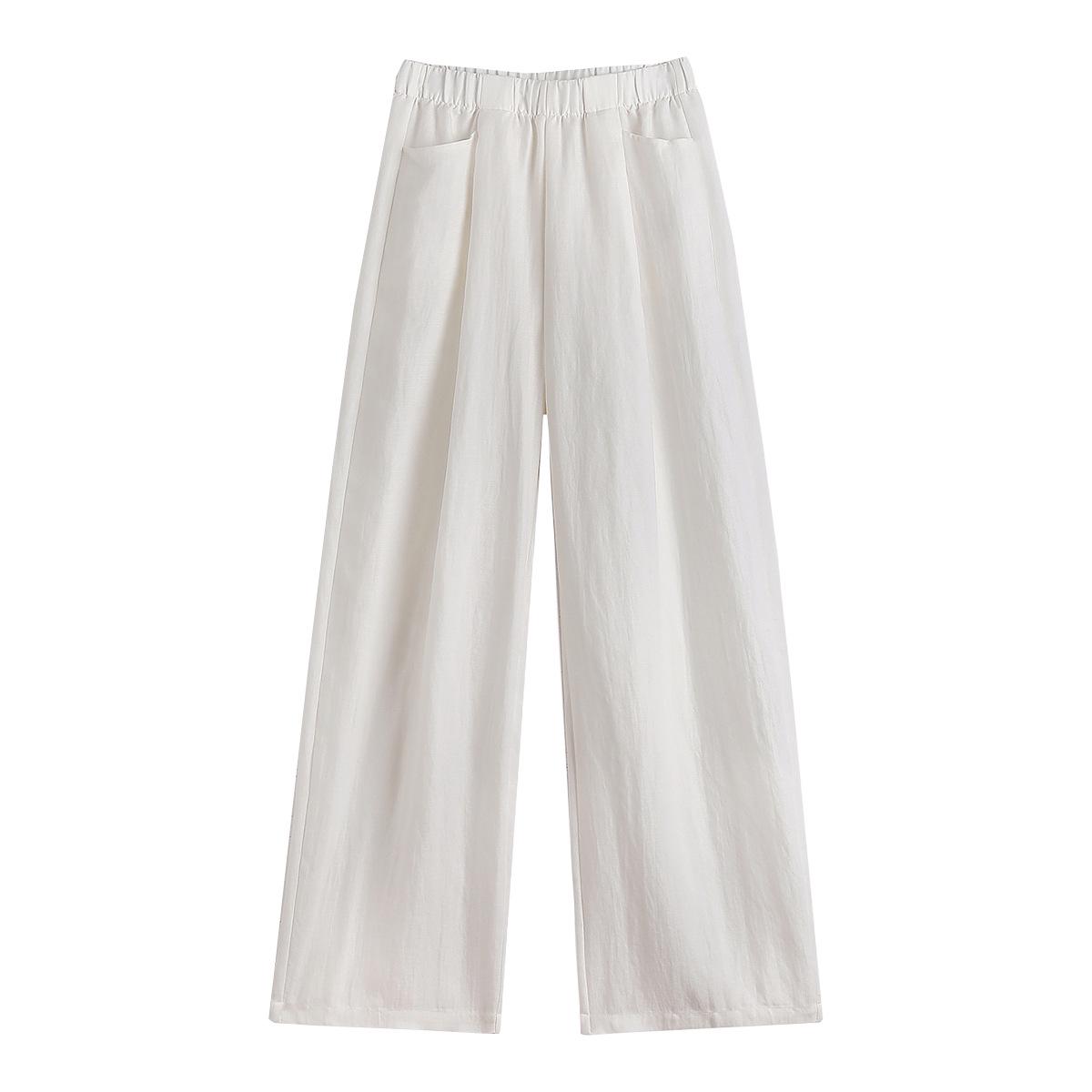 Linen Tencel Elastic Waist Wide-Leg Pants with Double Pockets XXL
