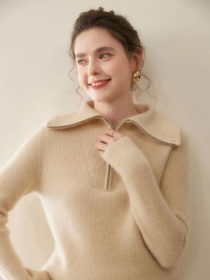 Damen Dick gestrickter Kaschmirpullover - Großer Reverskragen, Polo-Kragen mit halbem Reißverschluss, Vielseitige lockere Passform für Herbst und Winter