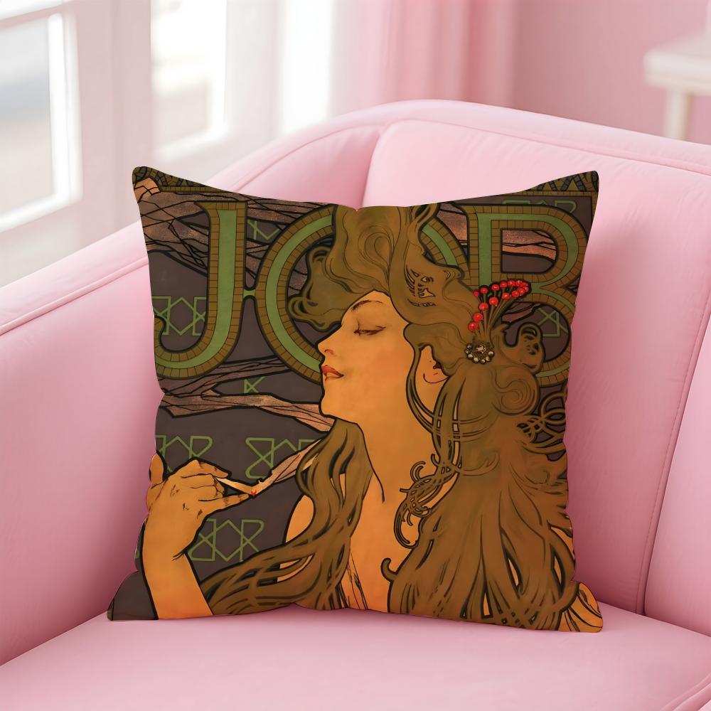 artistic AAlphonse Maria Mucha Cushion Cover Pillow Case Soft Skin Friendly Fabric Comfort Concealed Zipper