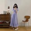 2026 Summer Plus Size Puffy Sleeve Square Neck Dress for Women - French Style Purple Floral