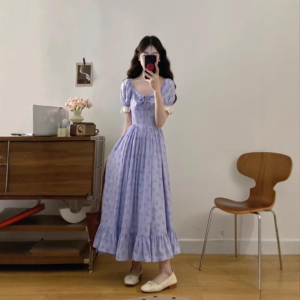 

2026 Summer Plus Size Puffy Sleeve Square Neck Dress for Women - French Style Purple Floral 3XL фіолетовий