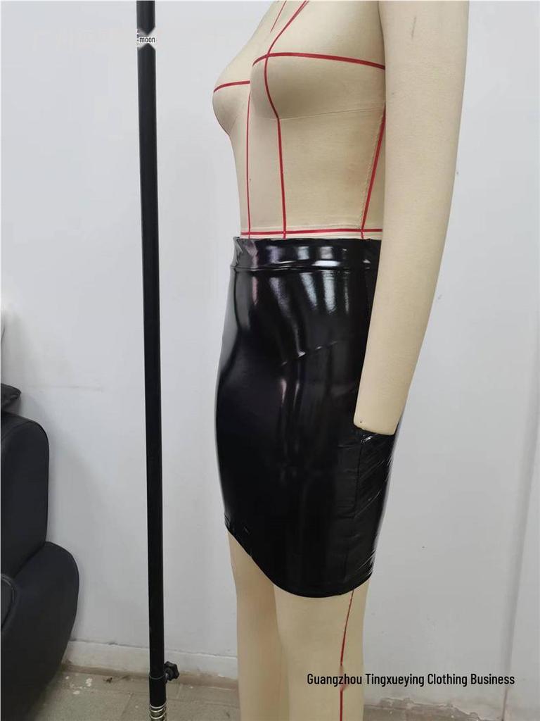 European Style Shiny Leather Hip-Hugging Midi Skirt - Trendy and Waist-Cinching Women’s Fashion Piece
