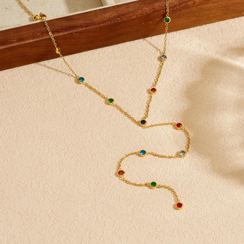 Gold Plated Multi Color Station Necklace Y Drop Lariat Fashion Jewelry for Women