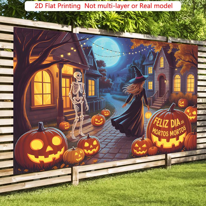Party Backdrop Halloween Flat Spooky Witches Pumpkins Skeletons Hanging Round Photo Booth Decor Party Decor