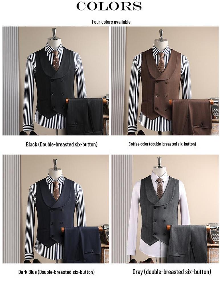 Men's High-End Pinstripe Wool Double-Breasted Three-Piece Suit: Anti-Wrinkle, Formal Groomwear