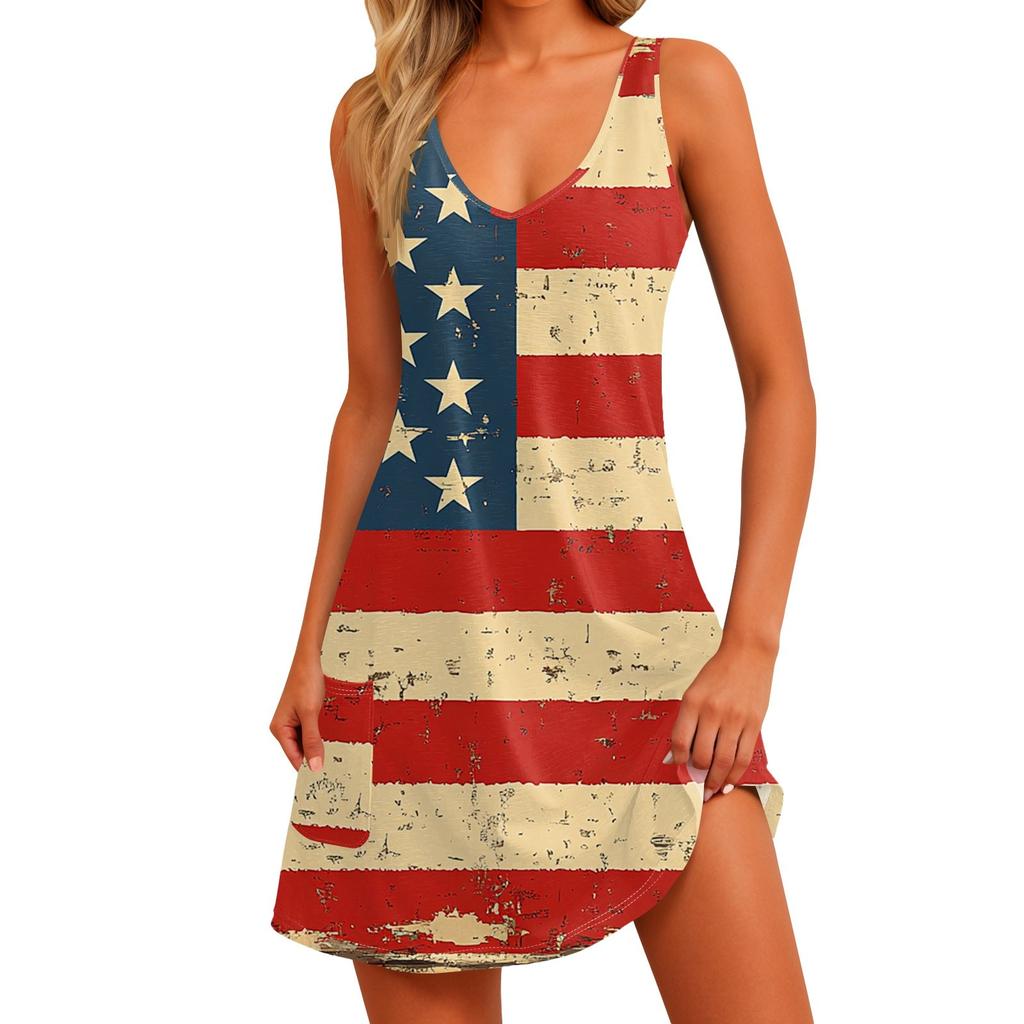 Women's Casual Print Sundress With Pockets Summer Boho Beach Dress T-Shirts Dress V Neck Loose Tank Dresses