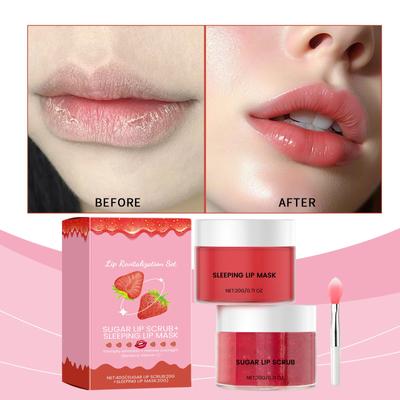 Conjunto de cuidados labiais Fruity Scrub Lip Mask Conjunto de cuidados hidratantes de duas peças, reduz suavemente a pele morta nos lábios, restaura a maciez e a suavidade.