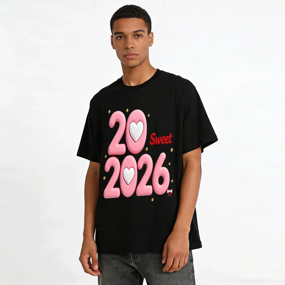 Sweet 2026 Heart Print Casual New Year Themed Top Pure cotton T-shirt