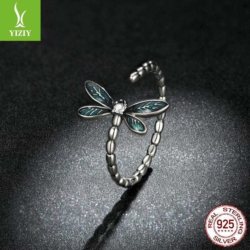 Niebieski Kropla Wspaniały Ważka Otwarty Pierścionek Świeży Niszowy Srebro S925 Pierścionek Owad Pierścionek