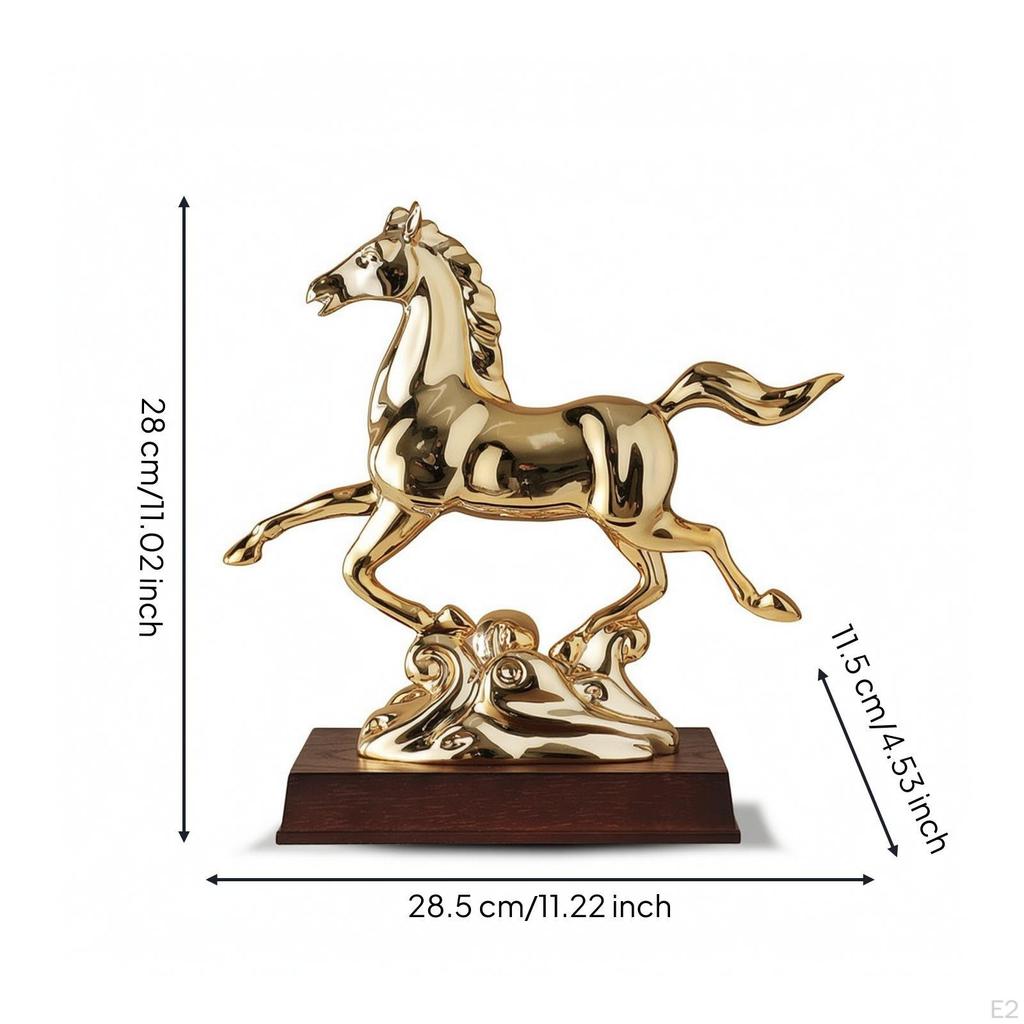 Horse Statue with Wooden Base Reflective Running Ornament Shiny Decor for Art Collectors,