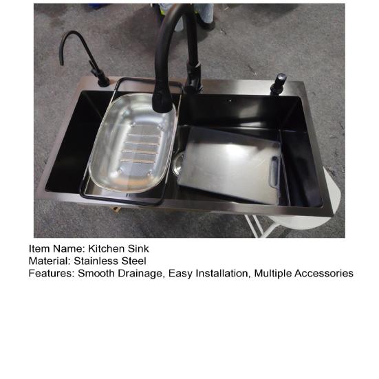 Black Kitchen Sink, Embedded/Top Mounted Stainless Steel Workbench Sink with Cutting Board & Drainage Basket, Single Bowl Sink with Accessories (31.5